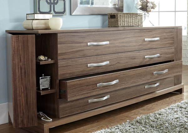 Contemporary Wave Bedroom Suite Dresser featuring fold out hidden shelving.