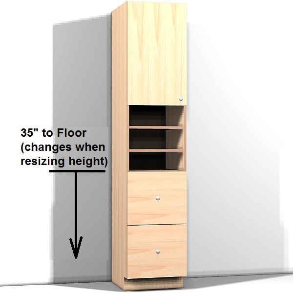Tall cabinet with left hinge door and 2 equal drawers