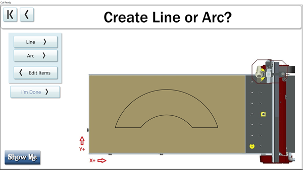 Easily create a straight line or arc in the Custom Cuts menu on the Thermwood Cut Center