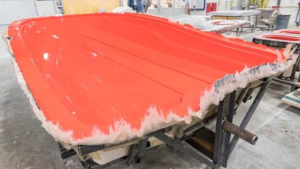 Finished boat hull mold in red