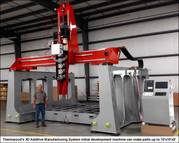 Thermwood’s 3D Additive Manufacturing System (initial development machine) can make parts up to 10’x10’x5’ Thermwood’s 3D Additive Manufacturing System (initial development machine) can make parts up to 10’x10’x5’