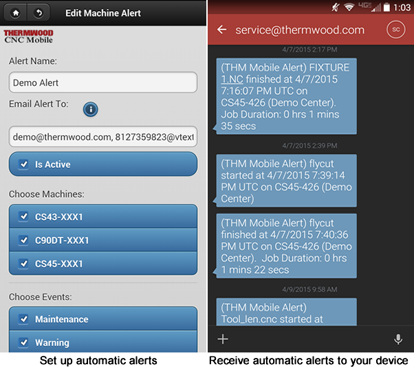 Thermwood CNC Mobile App Automatic Alerts